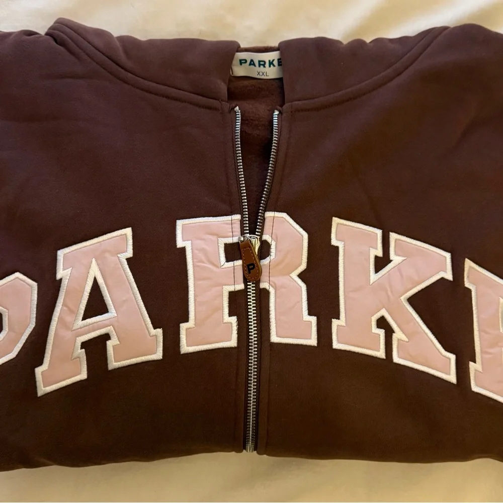 New PARKE Women’s Hometown Varsity Fleece ZipUp Hoodie Sweatshirt mocha/rose XXL - Picture 3 of 6